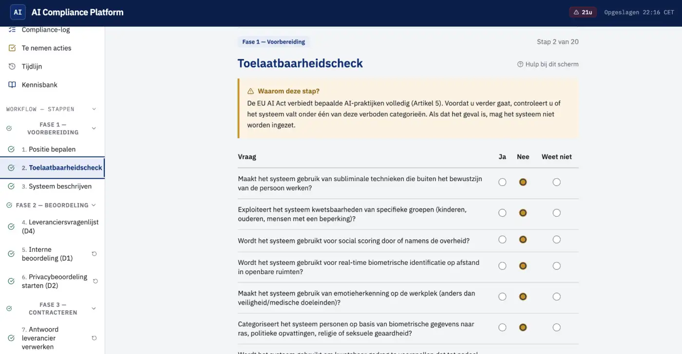 Voorbeeld van het Baaijens-platform met workflow-stappen en toelaatbaarheidscheck